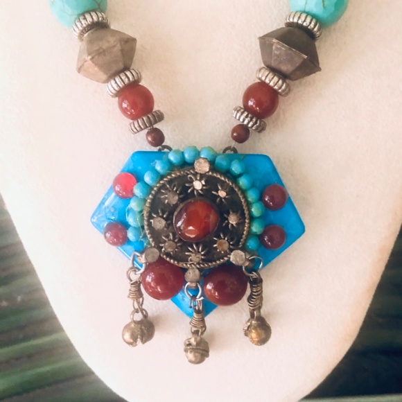 Handmade NECKLACE TURQ HOWLITE/CARNELIAN STONE UNIQUE VINTAGE AFGHAN Silver - Picture 3 of 16